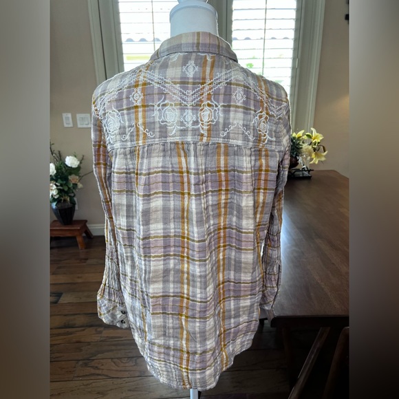 Free People Embroidered Magical Plaid Buttondown Shirt Lagenlook Boho Artsy Sz S - Picture 7 of 11
